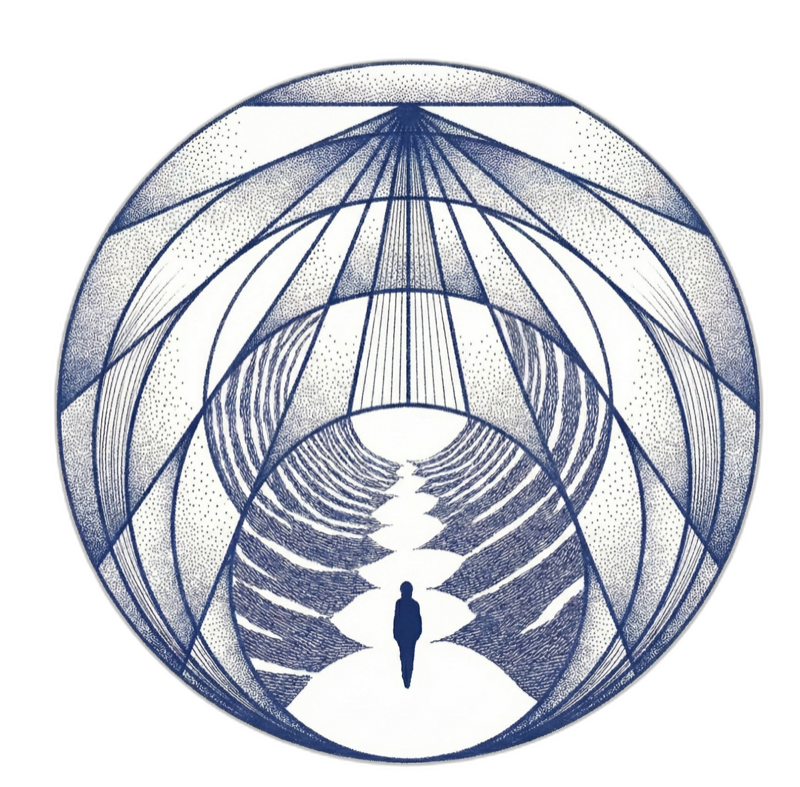 A contemplative figure walking into geometric space